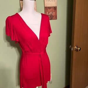 “Wrapper” - Red V-Neck, Over the Hips Flattering Top - Size XL - Valentines Day